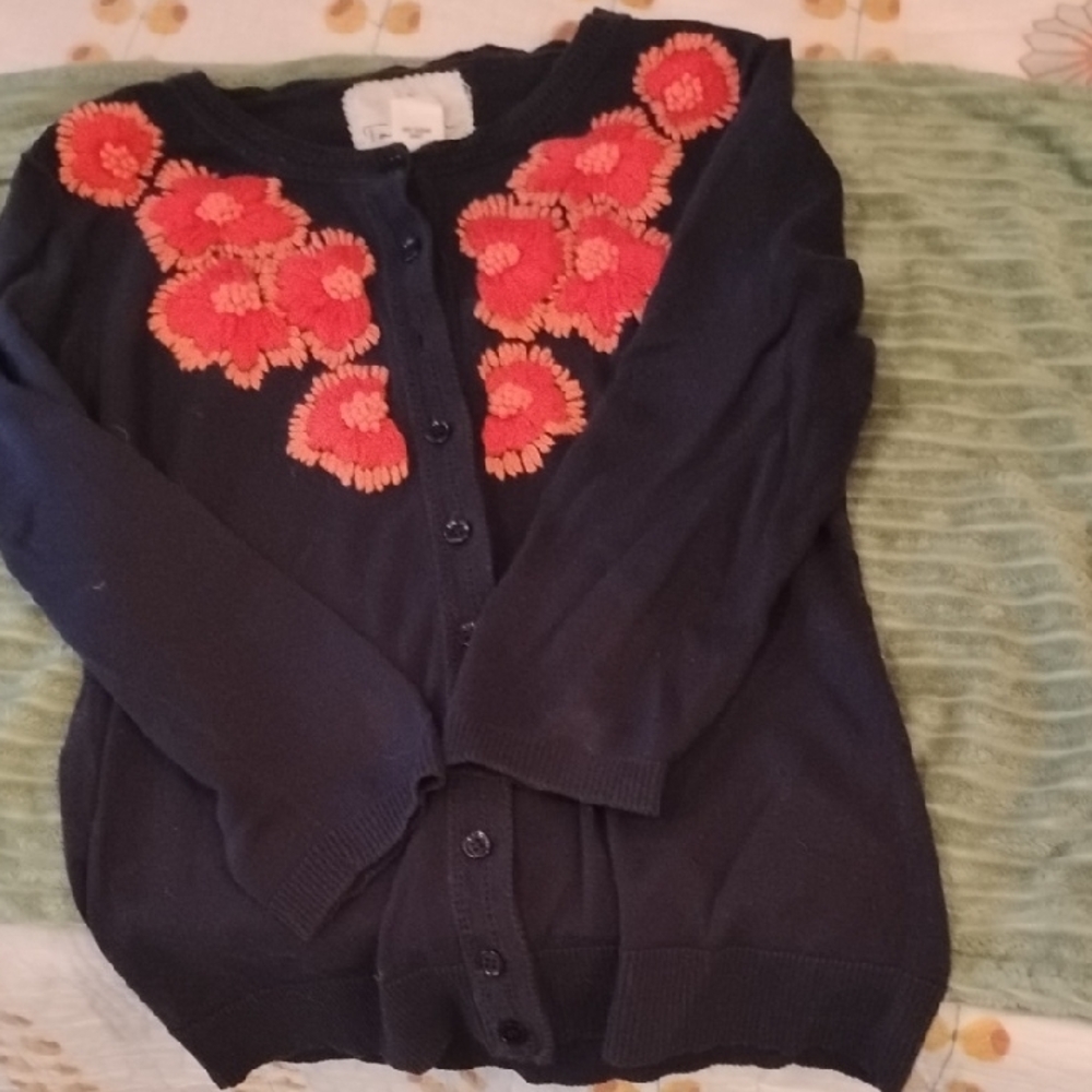 Anthropologie tabitha Midnight Cardigan with Coral Floral Accents. Embroidered.